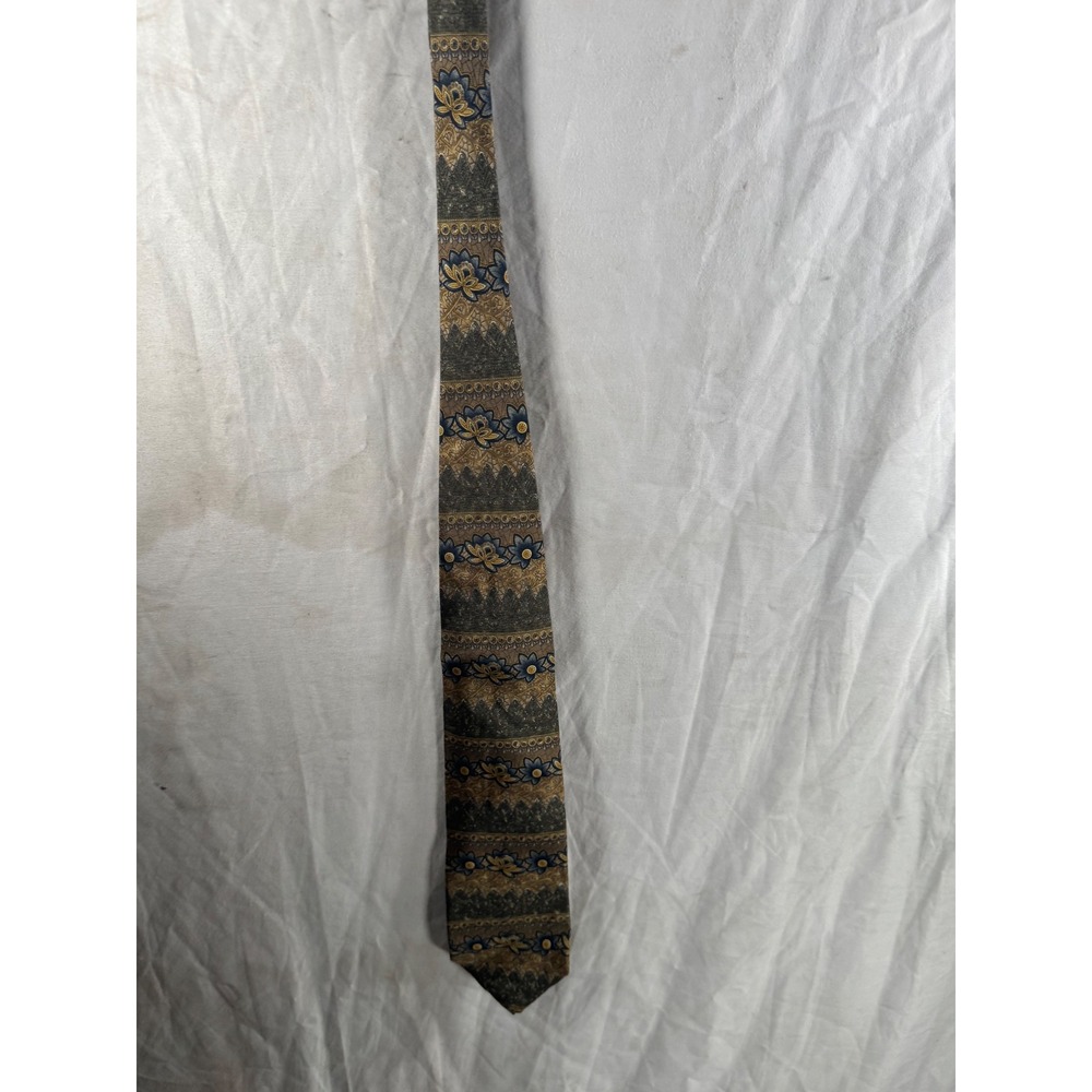 Bill Blass Mens Silk Necktie Floral Geometric Gold Blue Olive Green NWT